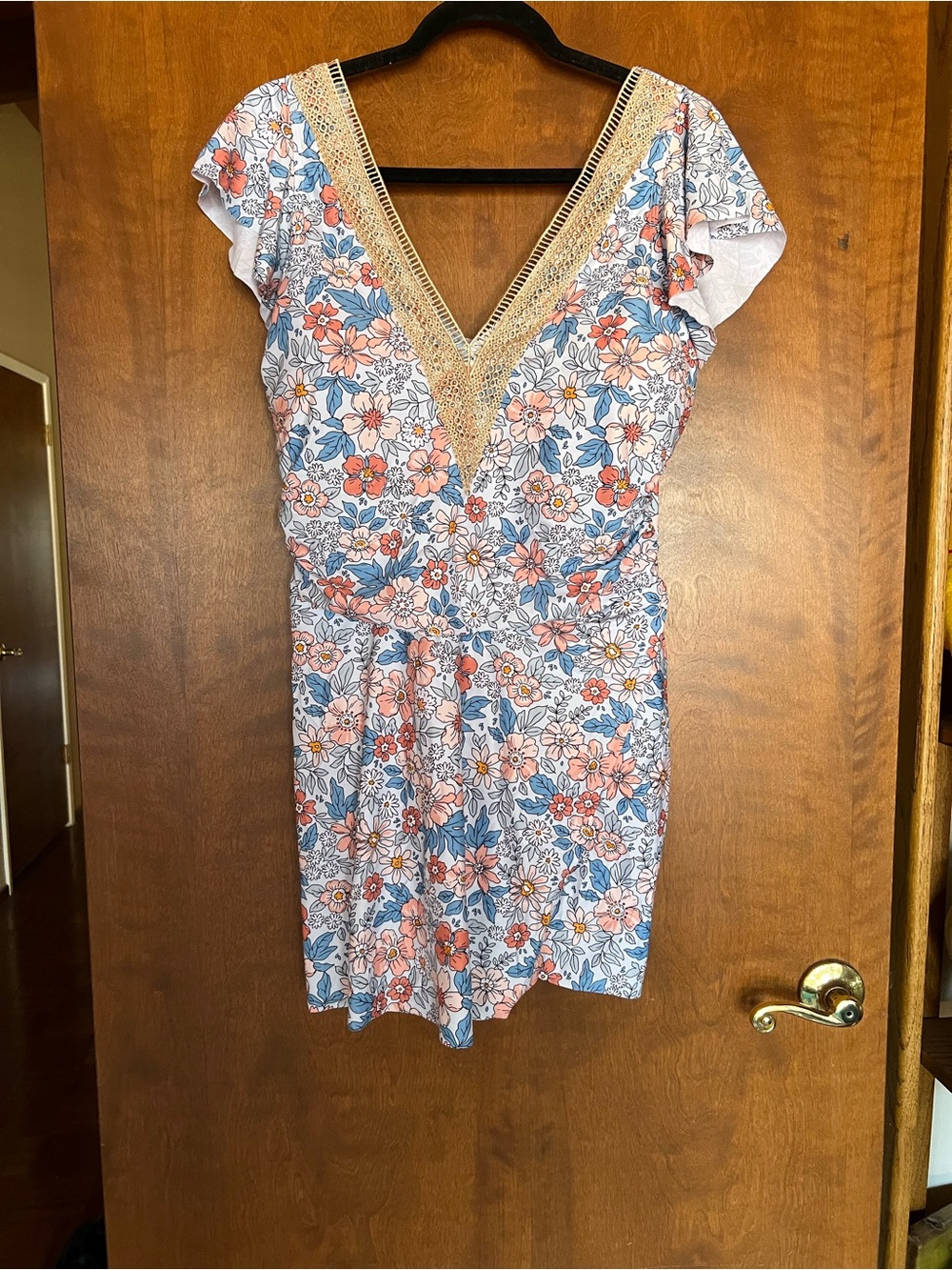 Floral V-Neck Summer Dress One Piece Swimsuit in Coral and Blue